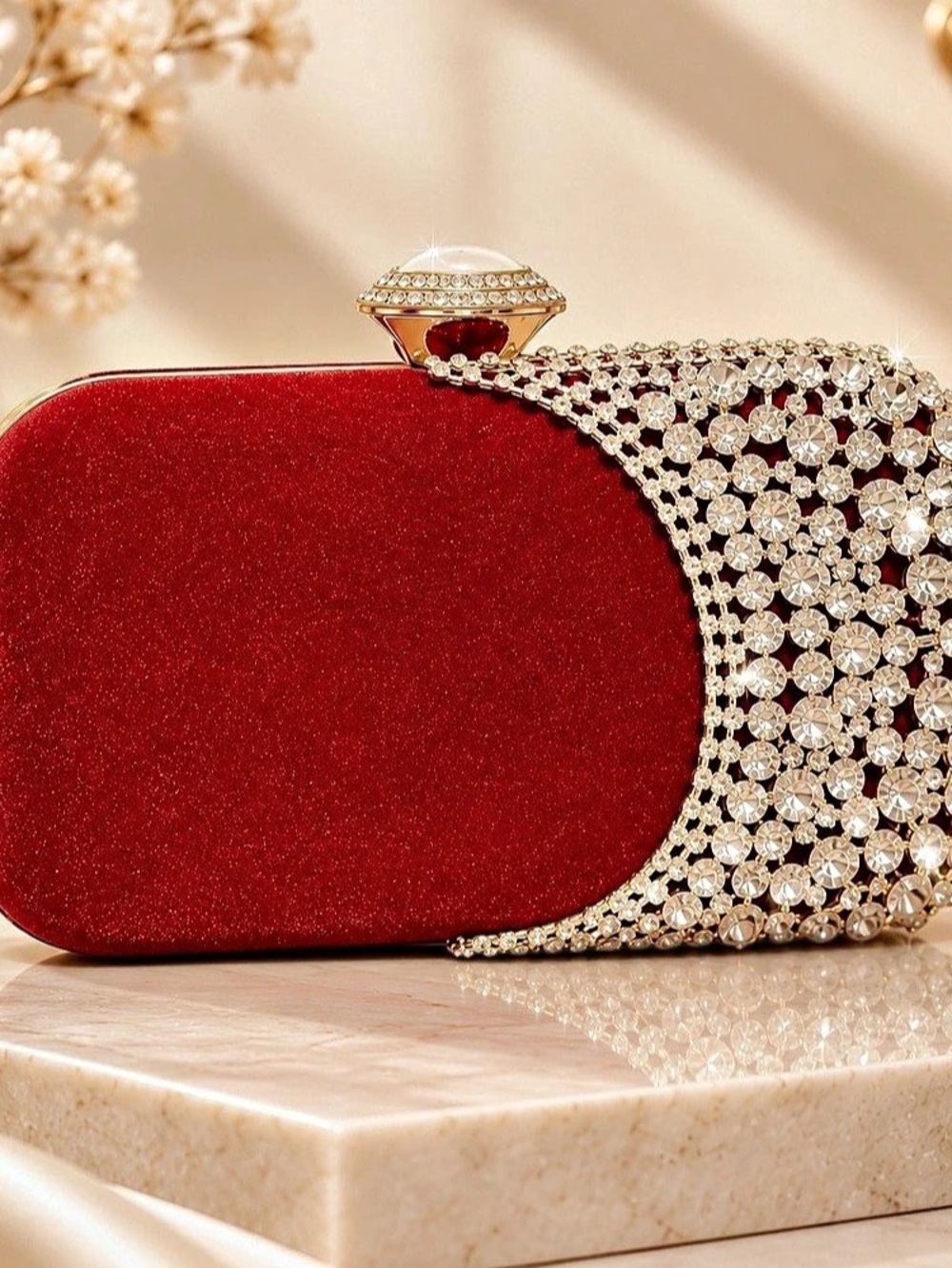 Red Crystal Rhinestone Evening Clutch Purse Gold Chain Wedding Party Holiday Bag